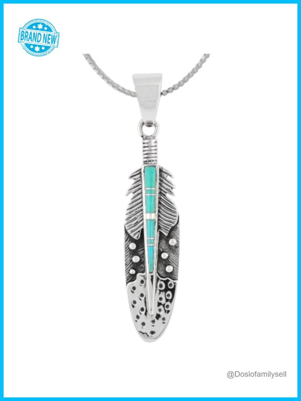 925 Sterling Silver Turquoise Feather Necklace Pendant 24" Box Chain